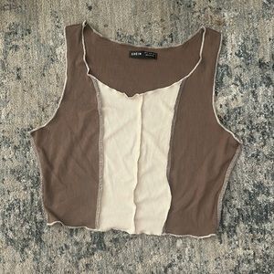 SHEIN Color Block Ribbed Knit Tank Top Brown & Cream Sleeveless Casual Crop